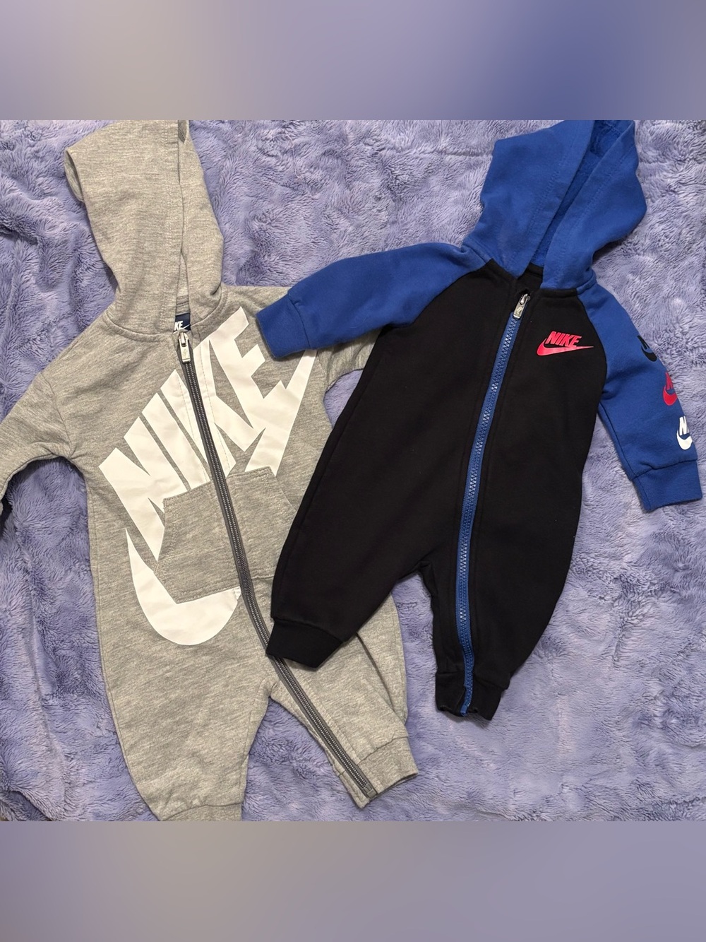 2 Nike Baby Hooded onesies Gray & Blue Baby 3M
